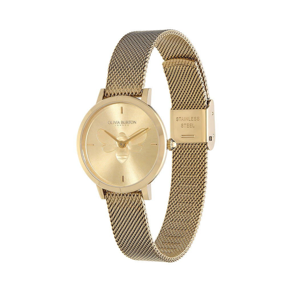 Olivia Burton gold watch with bee detail on the face, showcasing the mesh strap and 'Stainless Steel' clasp.
