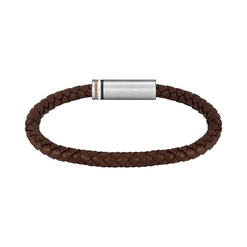 Close-up of the BOSS Ares brown braided leather bracelet with stainless steel clasp; showcasing design and material.