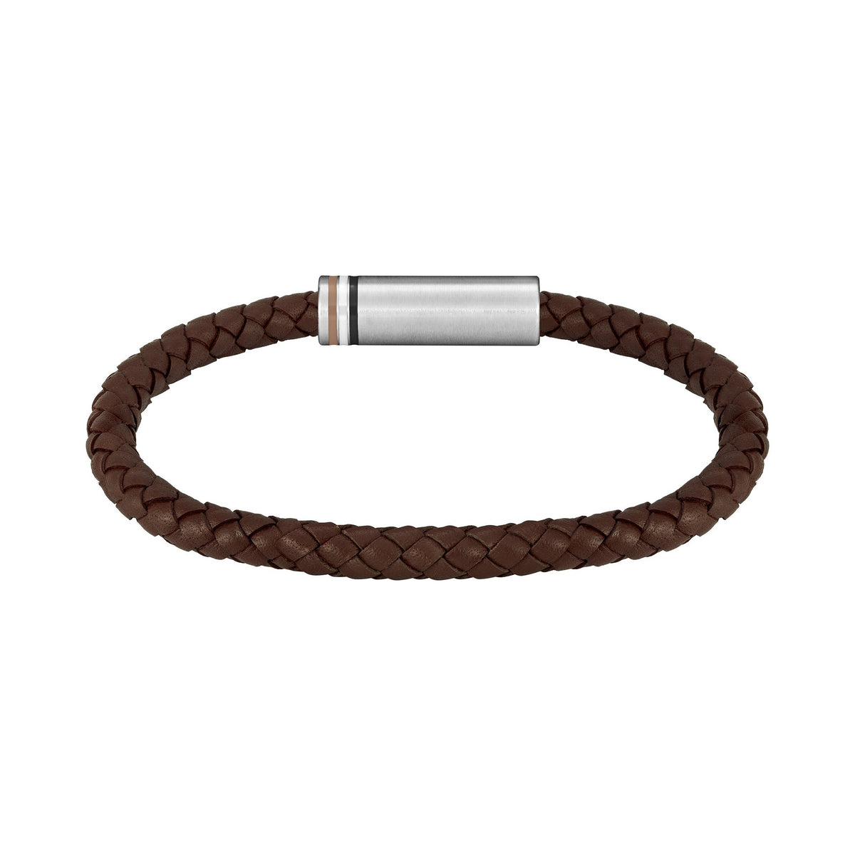 Close-up of the BOSS Ares brown braided leather bracelet with stainless steel clasp; showcasing design and material.