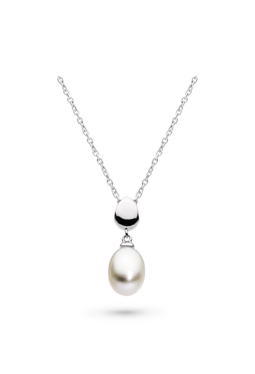 Elegant Coast Pebble pearl necklace by Kit Heath, showcasing its sterling silver chain and pearl pendant design.