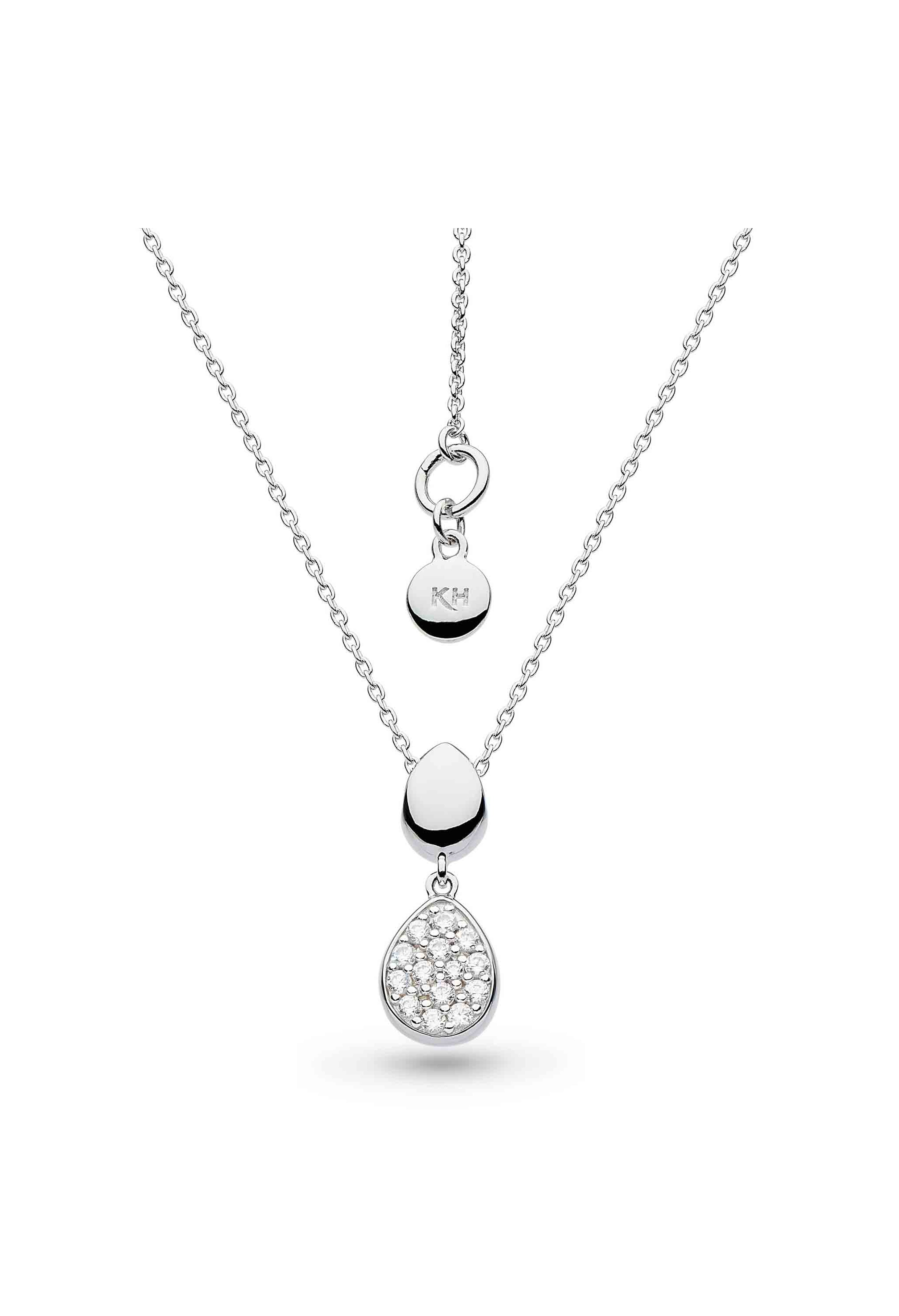 Kit Heath Pebble necklace, double droplet design, silver chain with pave CZ stones detailing.