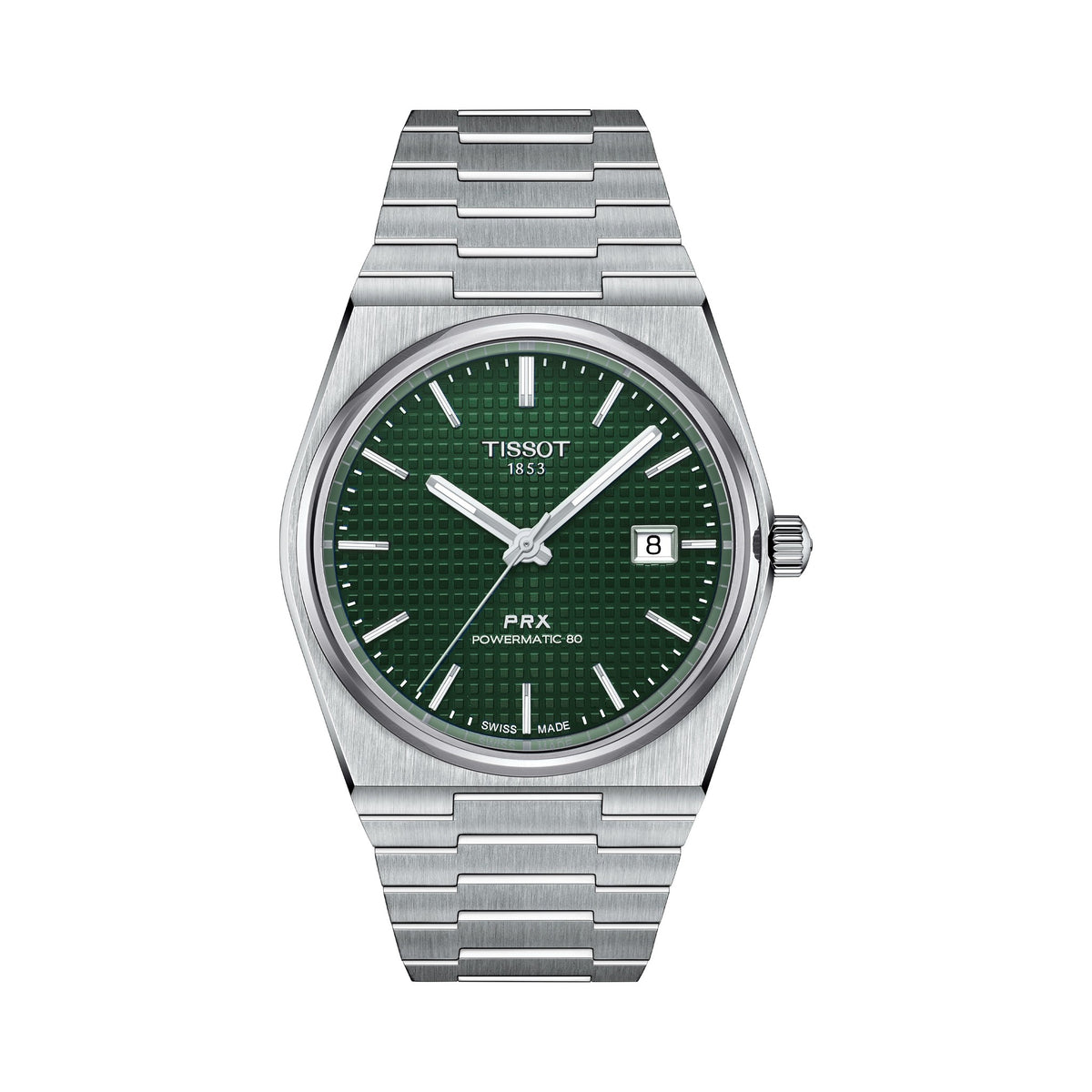 Tissot PRX Powermatic 80 watch showcasing the green dial and stainless steel bracelet. Classic Swiss-made time piece.