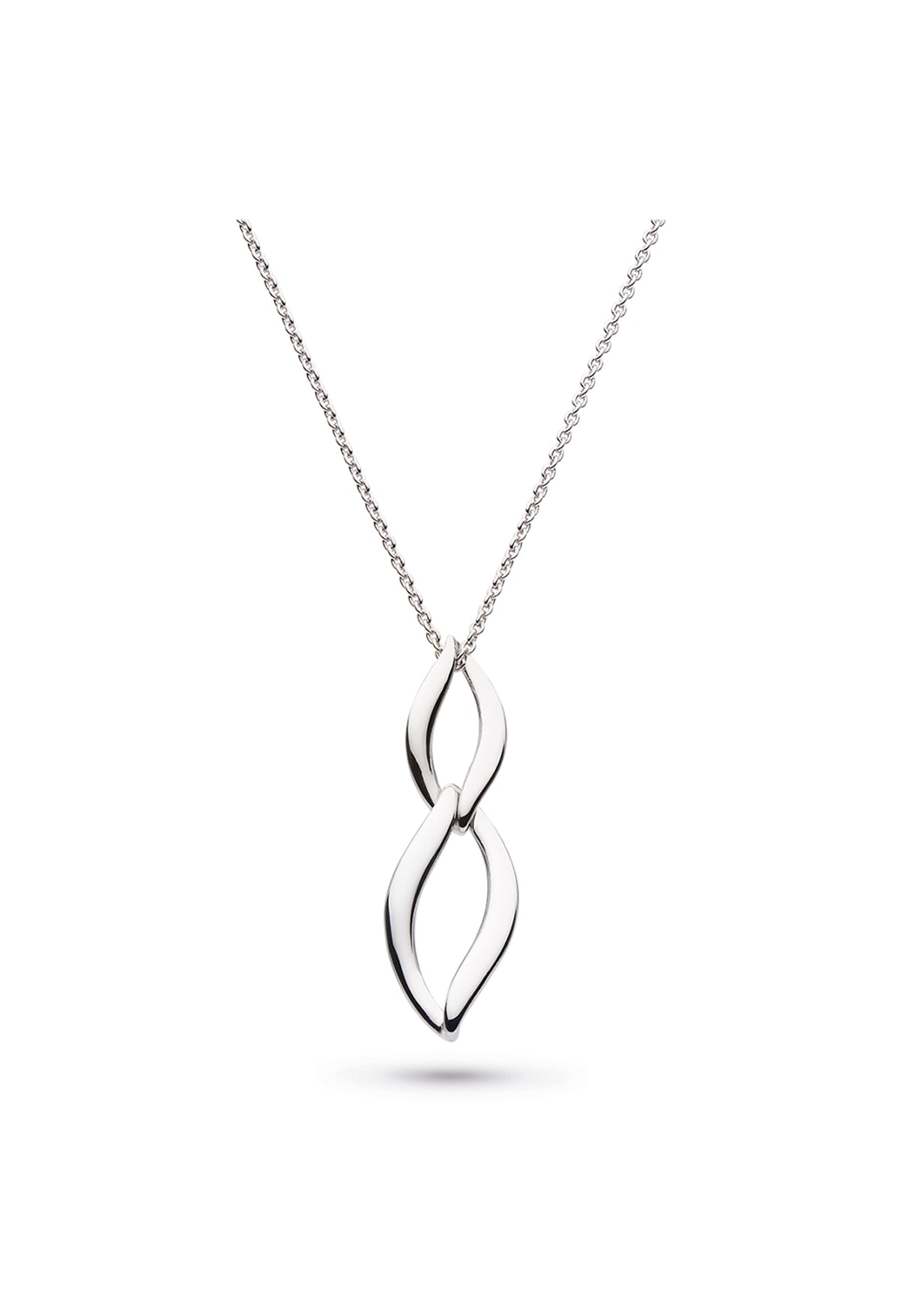 Silver necklace featuring a linked, entwined pendant design. Entwine Twine Link Duo Link necklace detail.