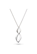 Silver necklace featuring a linked, entwined pendant design. Entwine Twine Link Duo Link necklace detail.