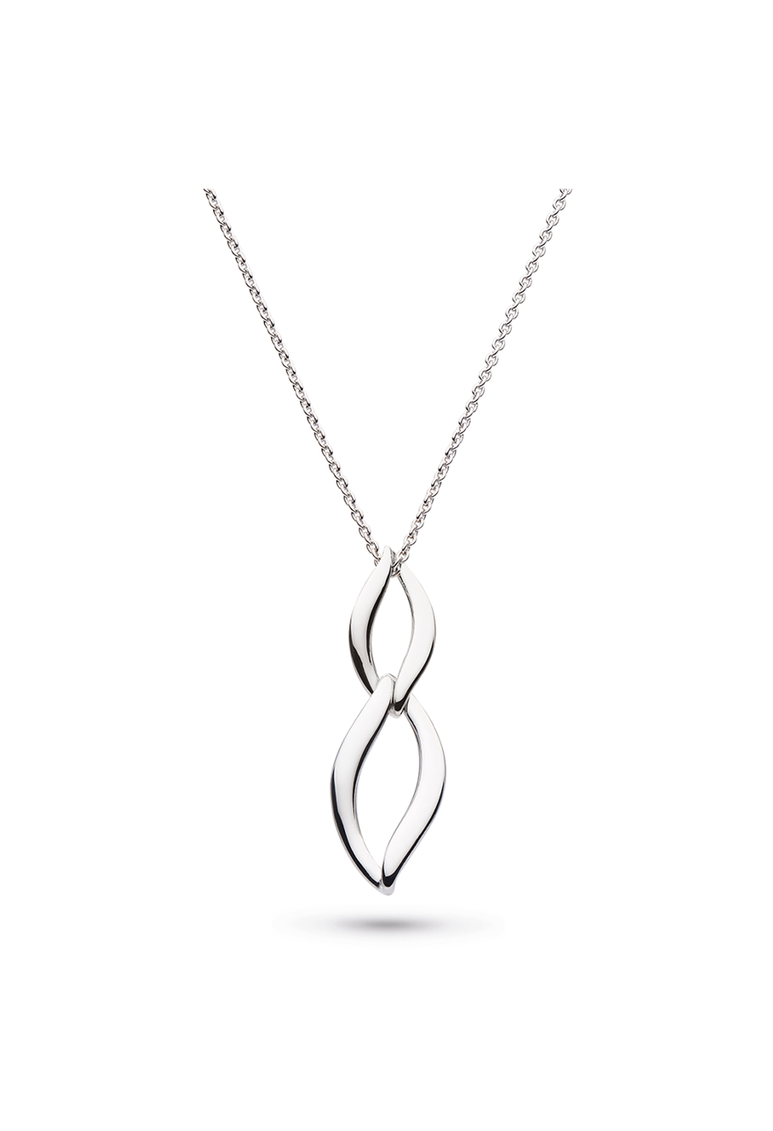 Silver necklace featuring a linked, entwined pendant design. Entwine Twine Link Duo Link necklace detail.