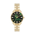 Olivia Burton gold-plated watch displaying the Art Deco green dial with crystal hour markers, showcasing its intricate