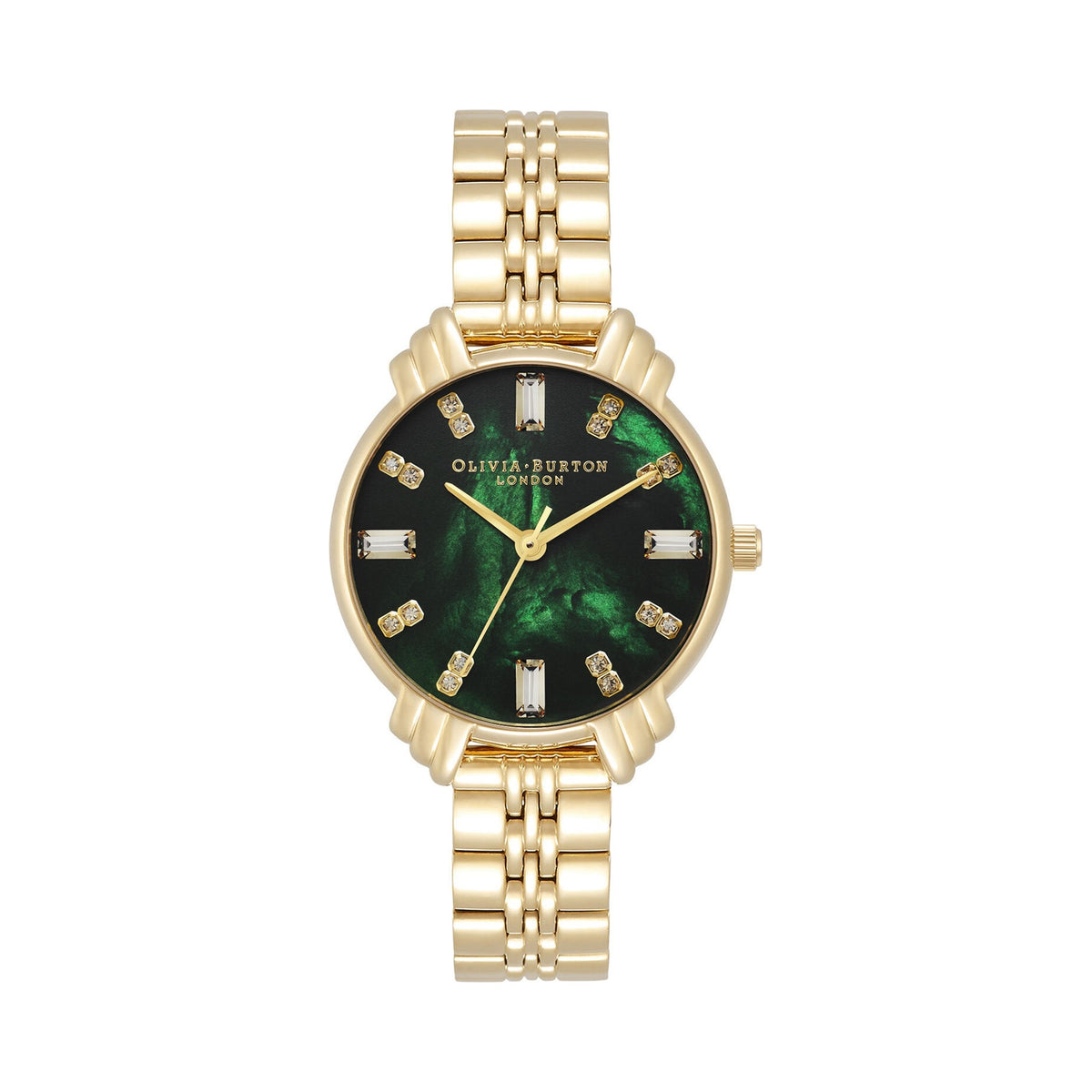 Olivia Burton gold-plated watch displaying the Art Deco green dial with crystal hour markers, showcasing its intricate