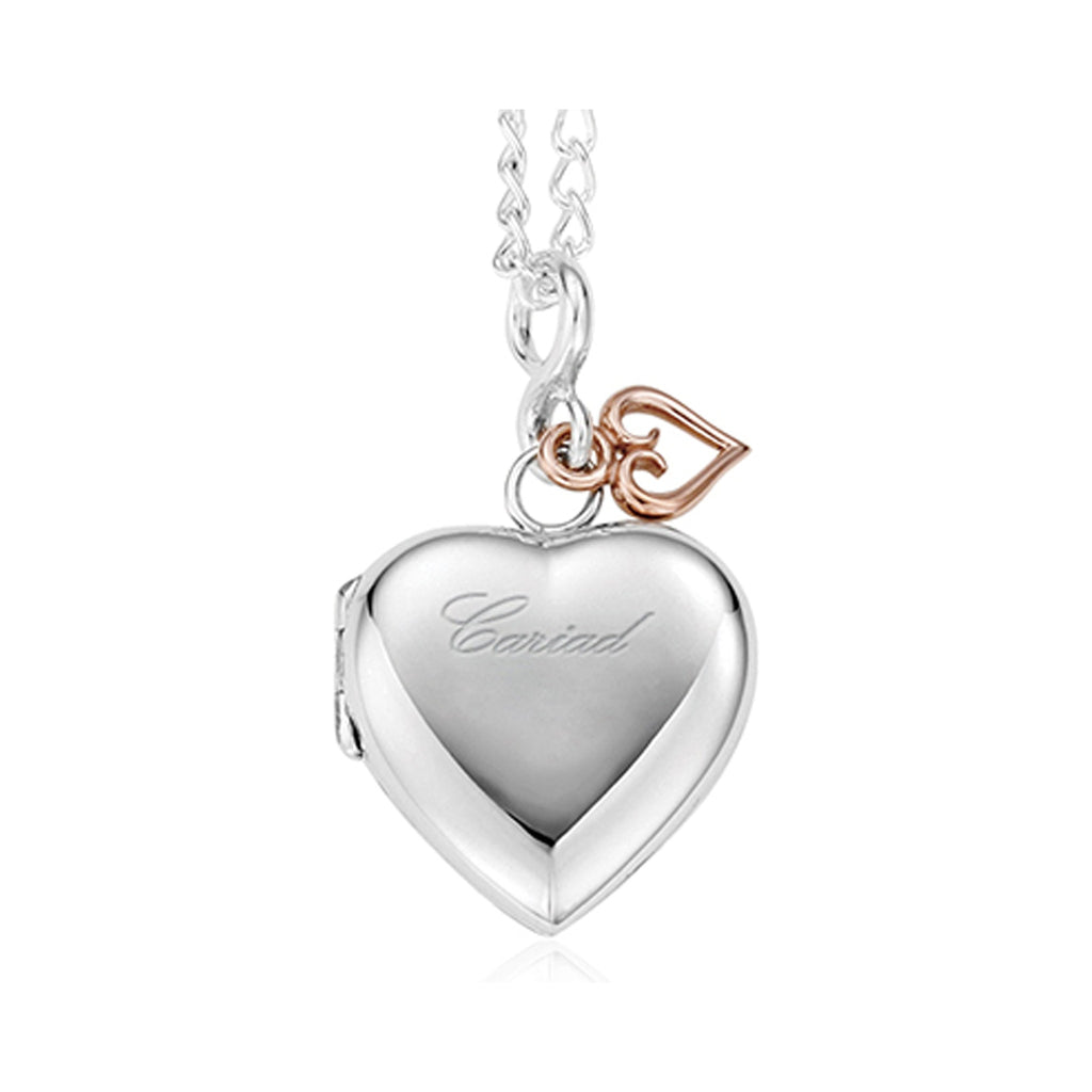 Clogau Cariad Heart Locket in sterling silver with rose gold accent. Keepsake jewelry for cherished photos.