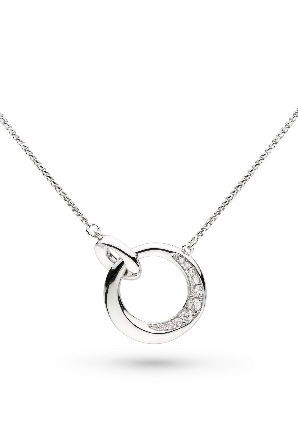 Elegant silver necklace featuring linked circle pendant with pave CZ stones, 18-inch chain; beautiful jewelry.