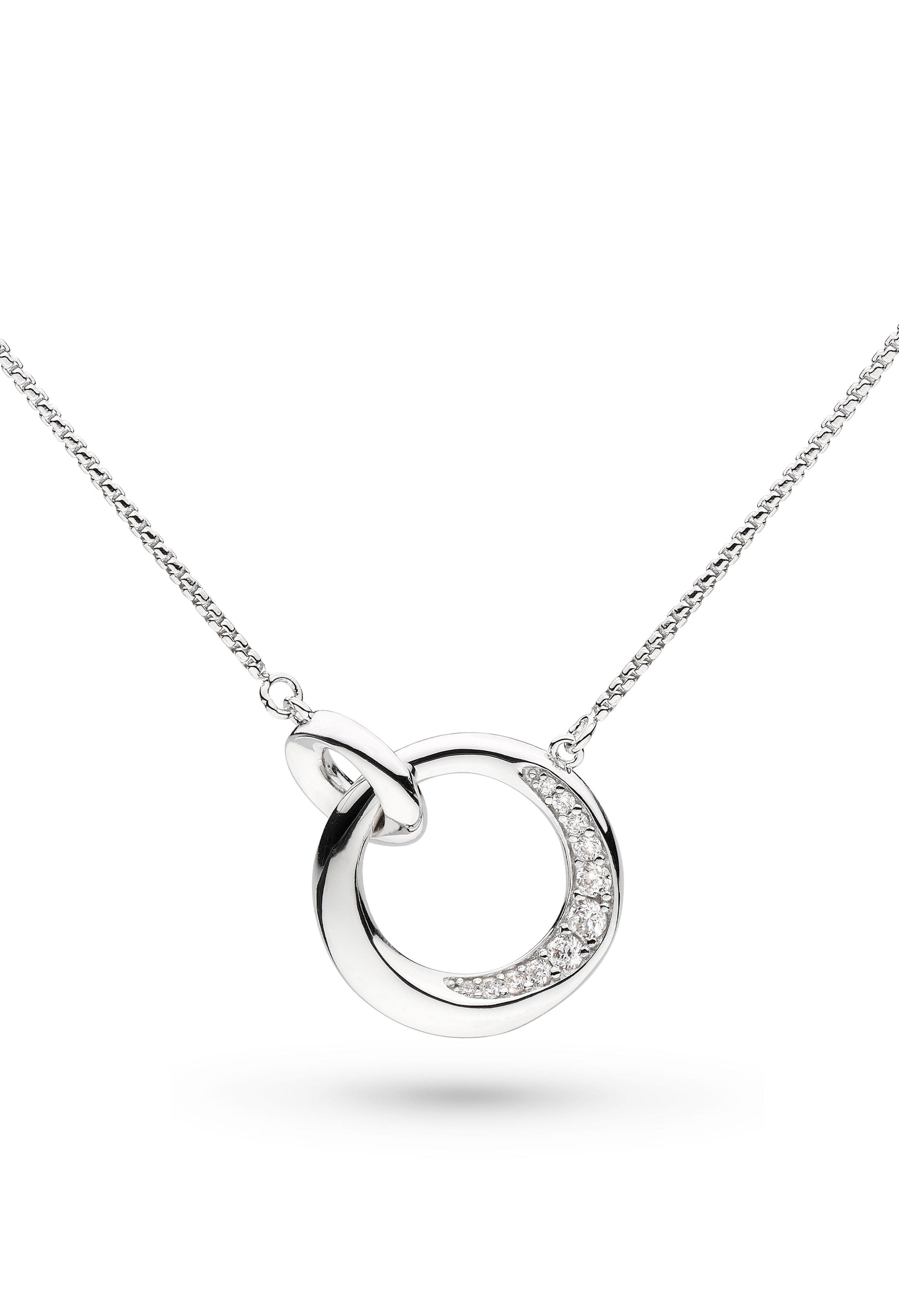 Elegant silver necklace featuring linked circle pendant with pave CZ stones, 18-inch chain; beautiful jewelry.