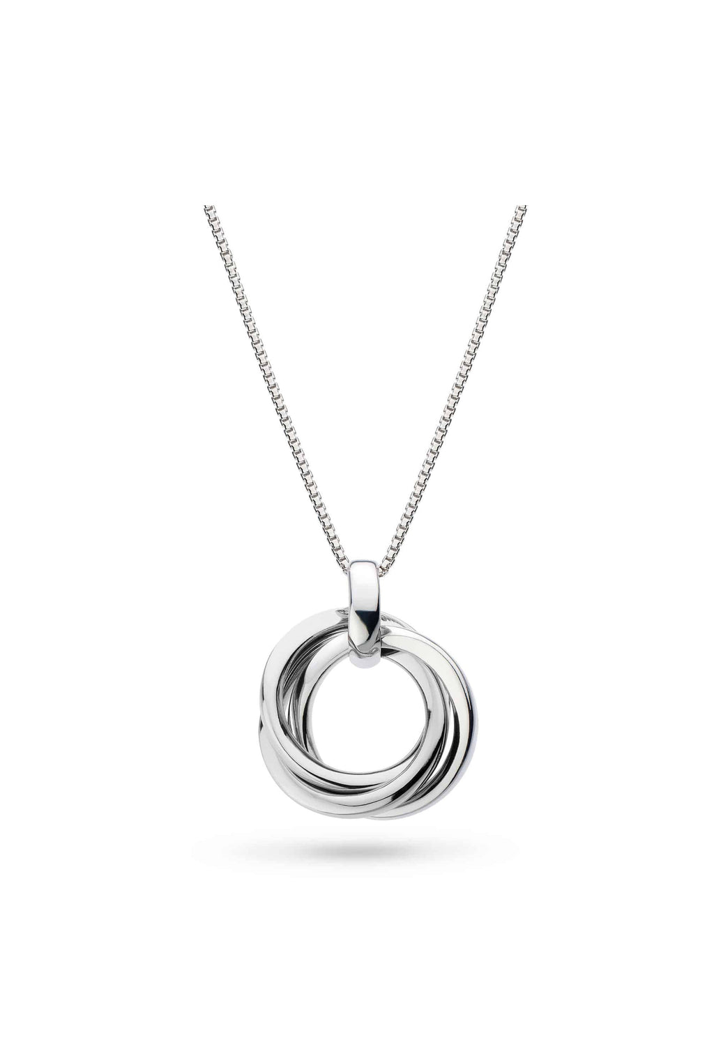 Kit Heath Trilogy necklace showcasing interlocking silver circles on a rhodium-plated chain. Elegant design.