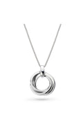 Kit Heath Trilogy necklace showcasing interlocking silver circles on a rhodium-plated chain. Elegant design.