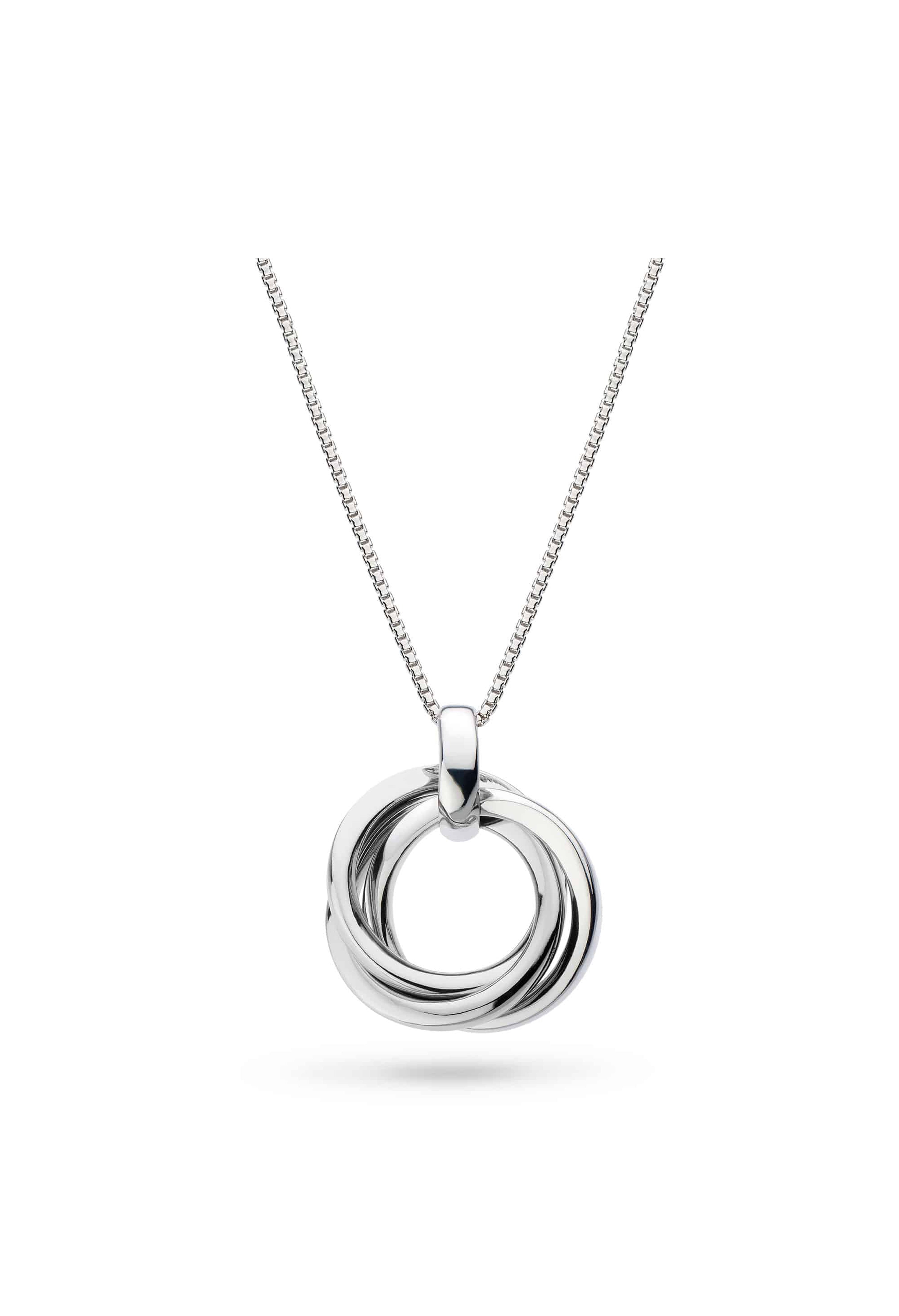 Kit Heath Trilogy necklace showcasing interlocking silver circles on a rhodium-plated chain. Elegant design.