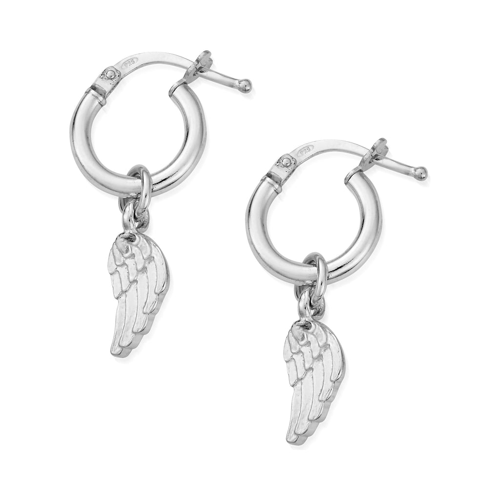 ChloBo hoop earrings featuring angel wing charms. Detail shot showcases the delicate jewelry.