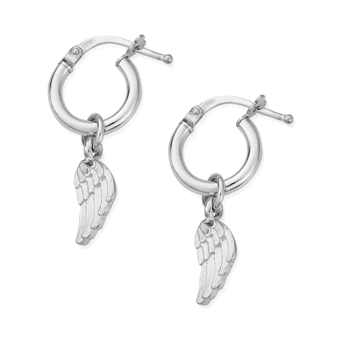 ChloBo hoop earrings featuring angel wing charms. Detail shot showcases the delicate jewelry.