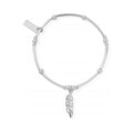 ChloBo feather bracelet in sterling silver. Jewelry detail shows a charm and mini noodle ball design.