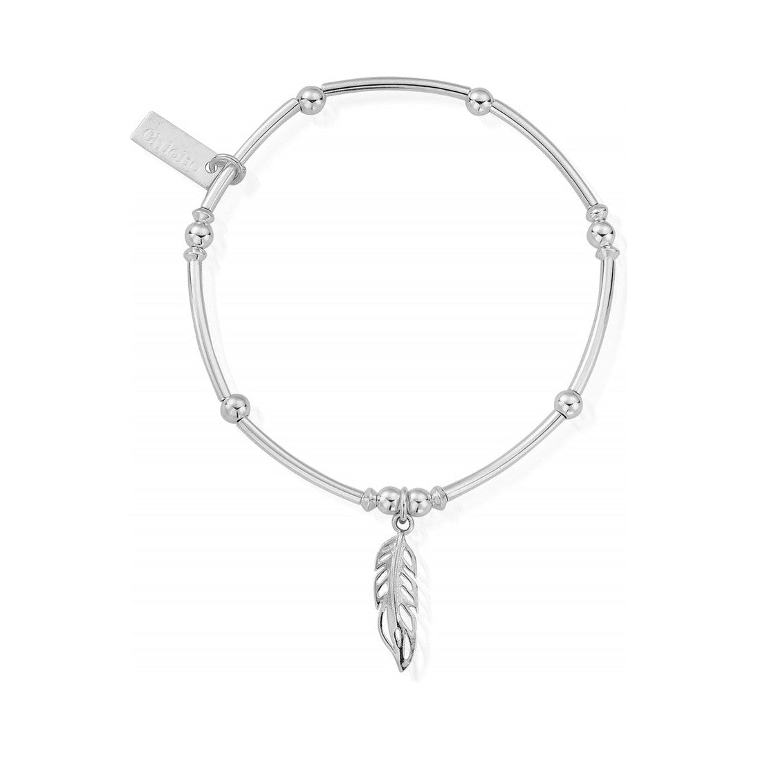 ChloBo feather bracelet in sterling silver. Jewelry detail shows a charm and mini noodle ball design.