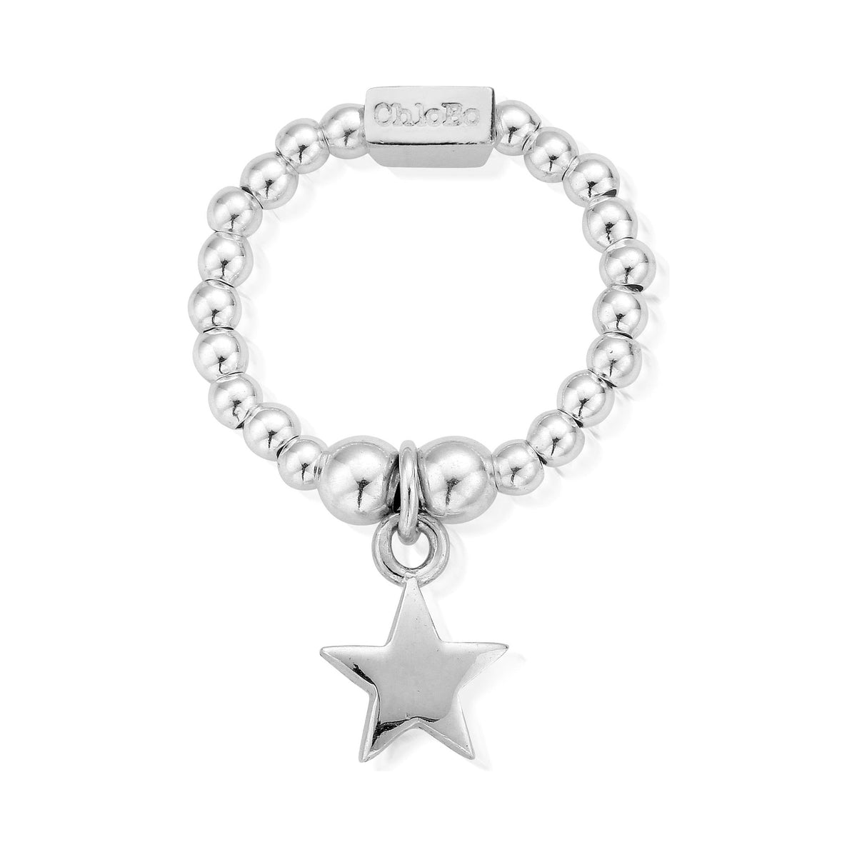 ChloBo silver ring featuring a mini star charm on a slender beaded band. ChicBo is visible on the ring.