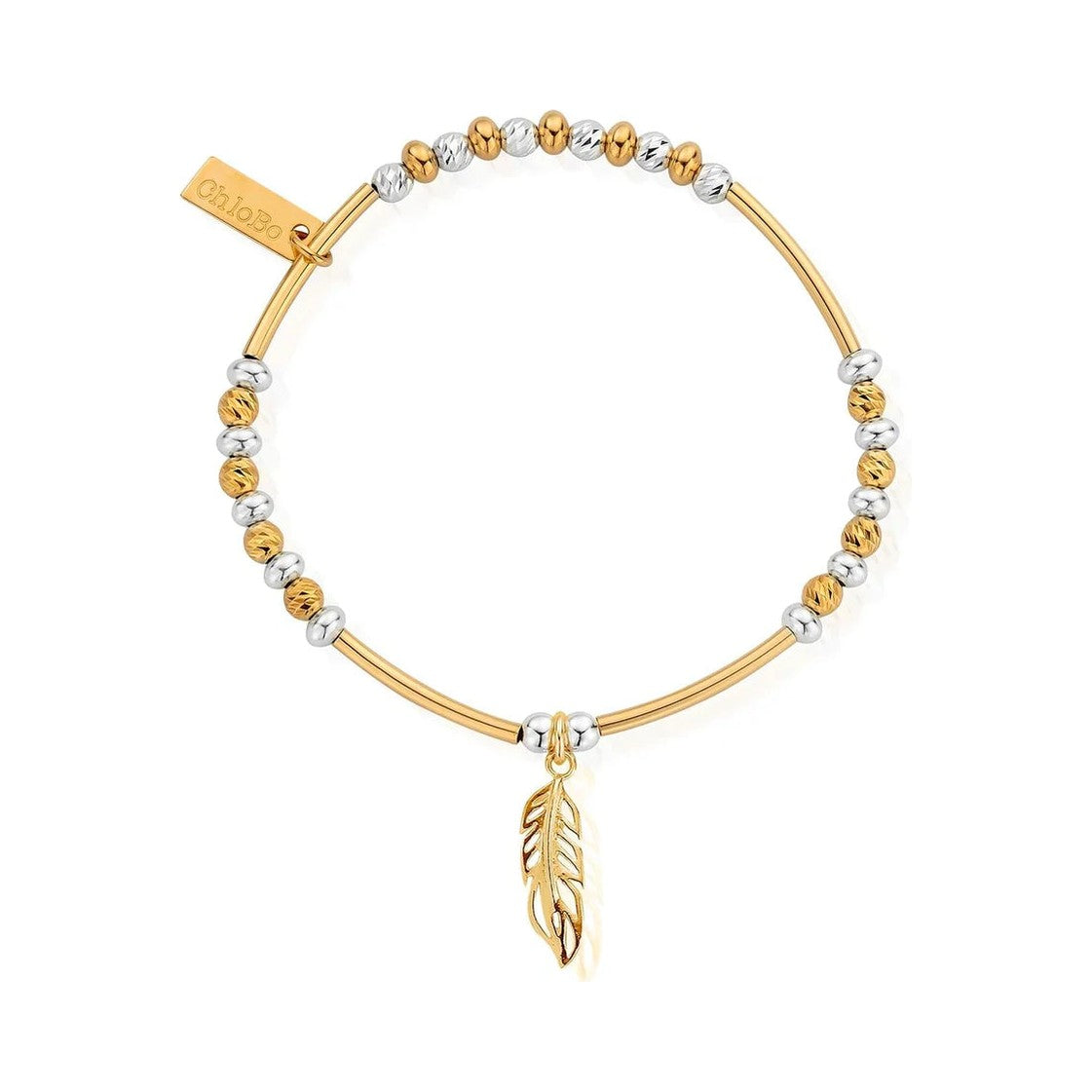 Gold and silver beaded bracelet with feather charm.
