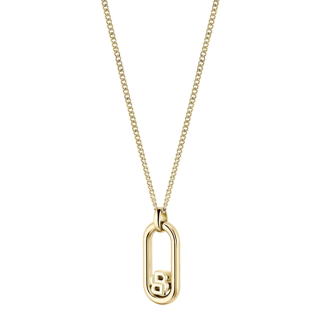Gold-plated BOSS necklace showcasing the Double B logo pendant on a stainless steel chain.