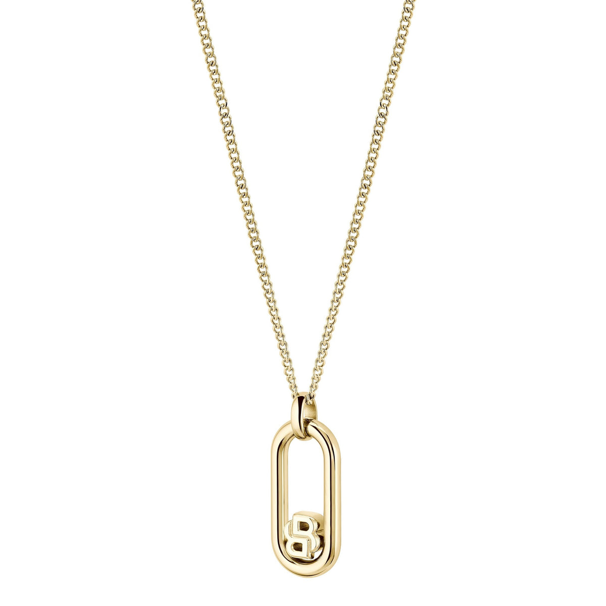 Gold-plated BOSS necklace showcasing the Double B logo pendant on a stainless steel chain.
