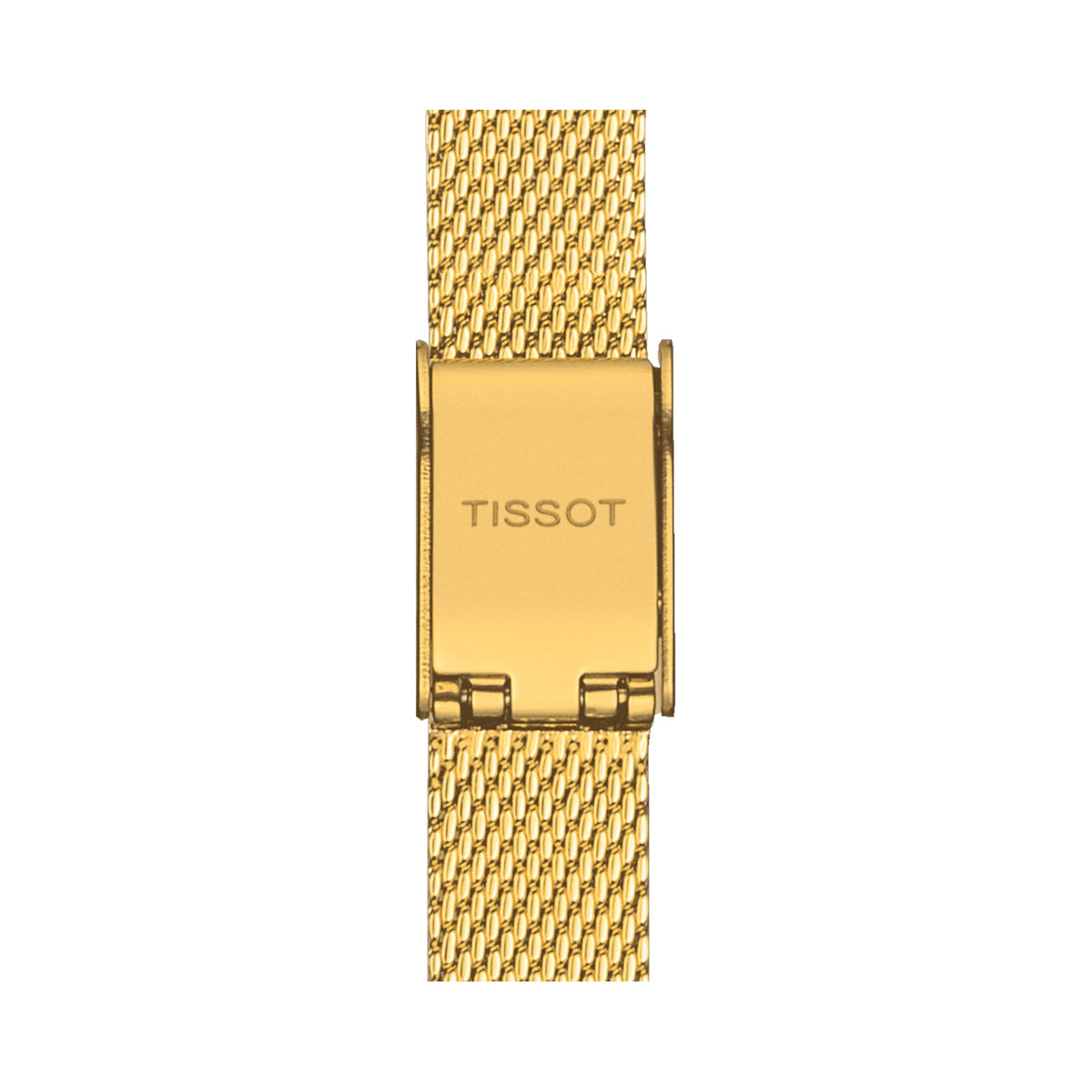 Close-up of the gold Tissot watch clasp on its mesh bracelet, showcasing the watch band detail and brand logo.