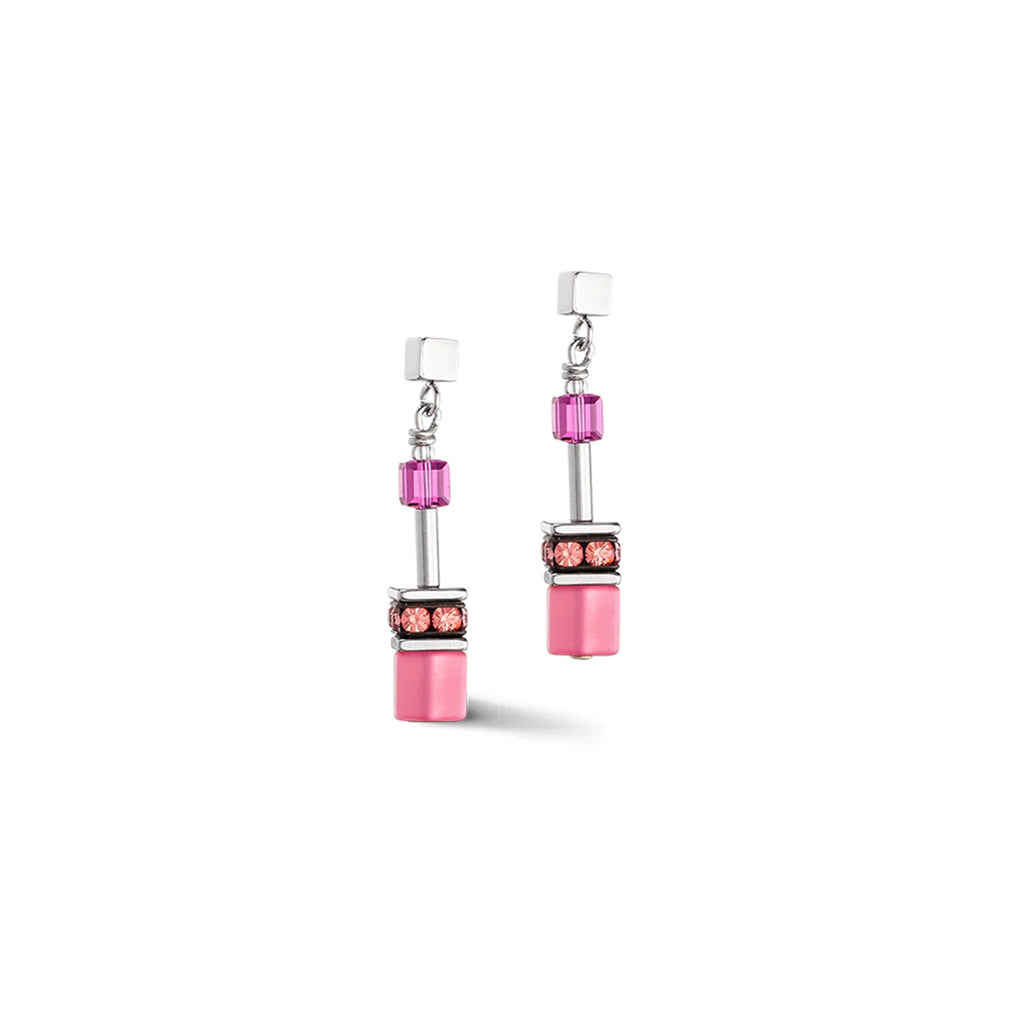 The Coeur De Lion GeoCube Viva Magenta Earrings, a stainless steel jewellery from Coeur De Lion, at OD’s Jewellers in St Helens.