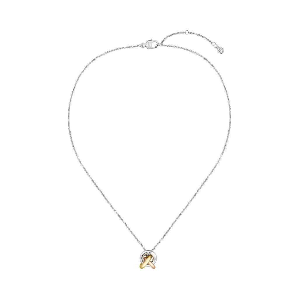 Silver chain necklace with intertwined gold and rose gold rings.