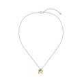 Silver chain necklace with intertwined gold and rose gold rings.