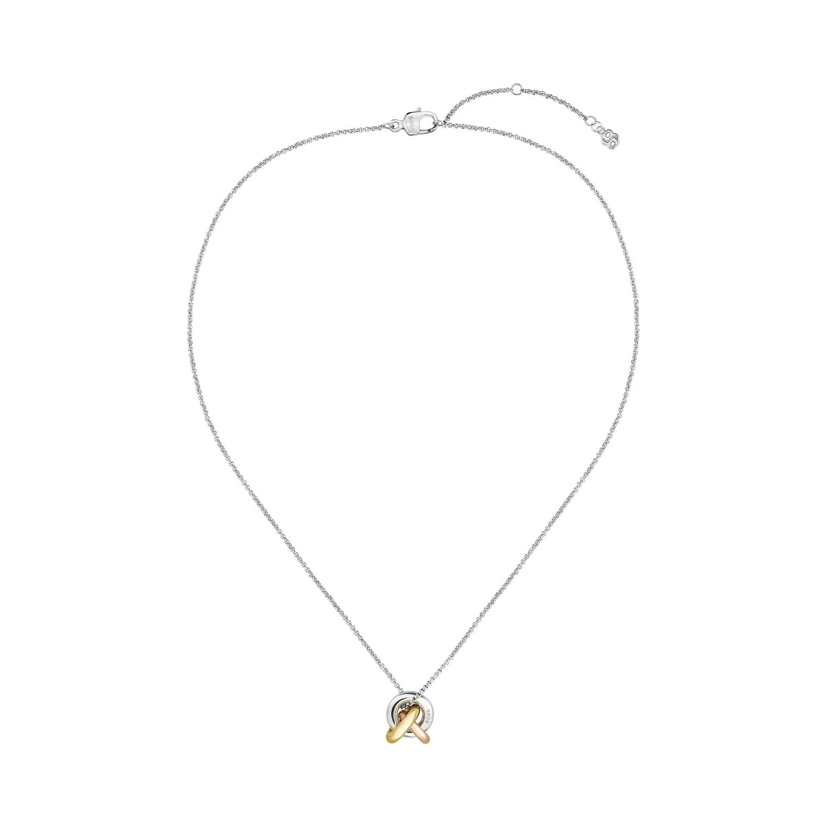 Silver chain necklace with intertwined gold and rose gold rings.