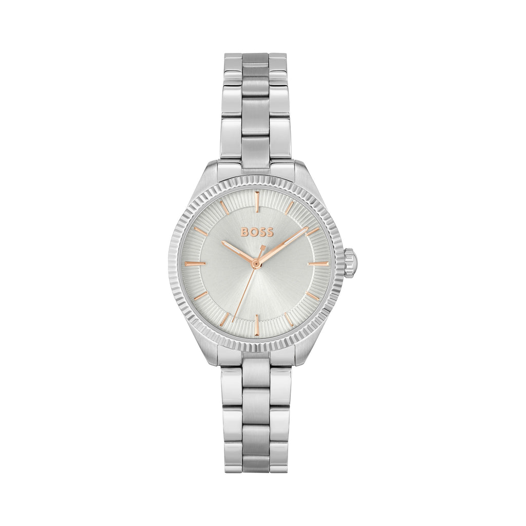 Boss Ladies watch showing dial detail, stainless steel bracelet. Silver dial with BOSS logo.