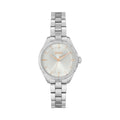 Boss Ladies watch showing dial detail, stainless steel bracelet. Silver dial with BOSS logo.