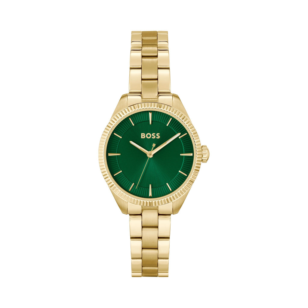 BOSS watch featuring a sage green dial and gold plated bracelet. Stylish time piece for women.