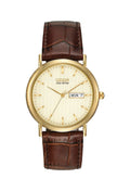 Citizen Eco Drive watch displaying its ivory dial, gold casing, brown leather strap and the Day Date feature.