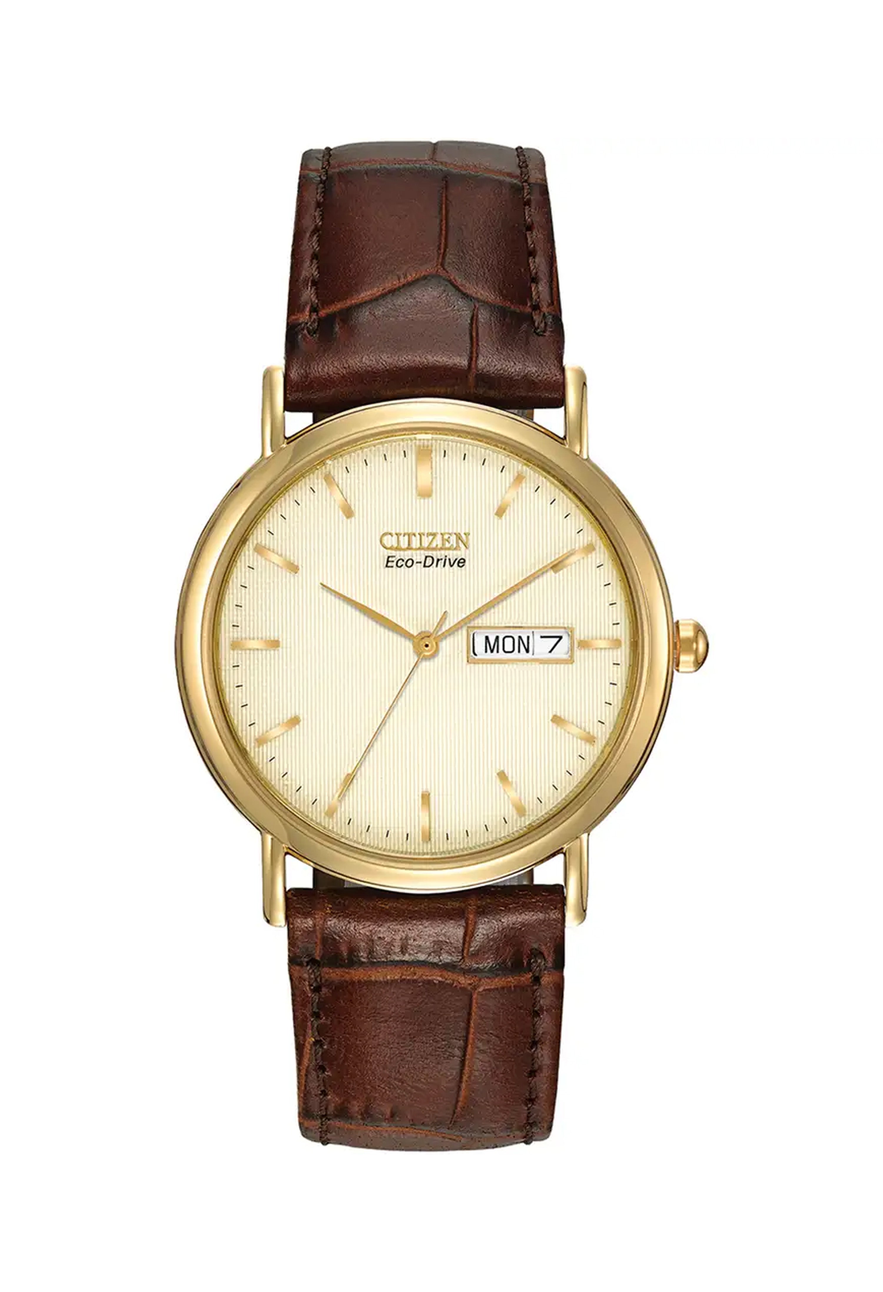 Citizen Eco Drive watch displaying its ivory dial, gold casing, brown leather strap and the Day Date feature.