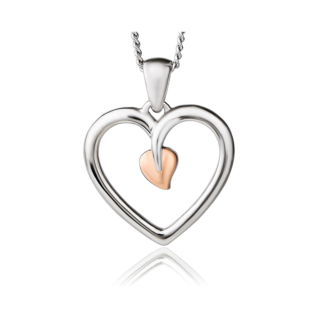 Clogau Tree of Life heart pendant necklace in sterling silver with rose gold accents, jewelry detail.