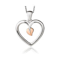 Clogau Tree of Life heart pendant necklace in sterling silver with rose gold accents, jewelry detail.
