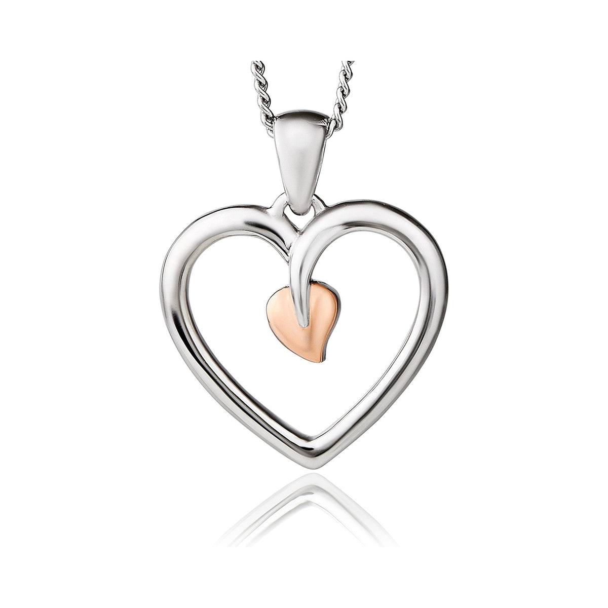 Clogau Tree of Life heart pendant necklace in sterling silver with rose gold accents, jewelry detail.