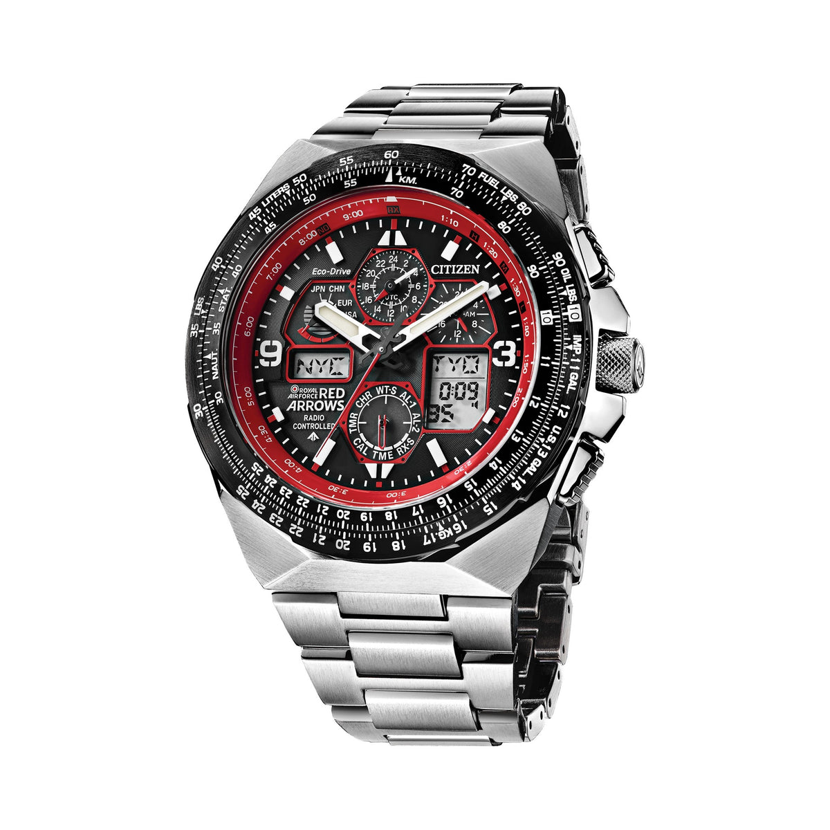 Citizen Red Arrows Skyhawk A-T watch face showing multi-function dial with radio controlled time and aircraft slide rule.
