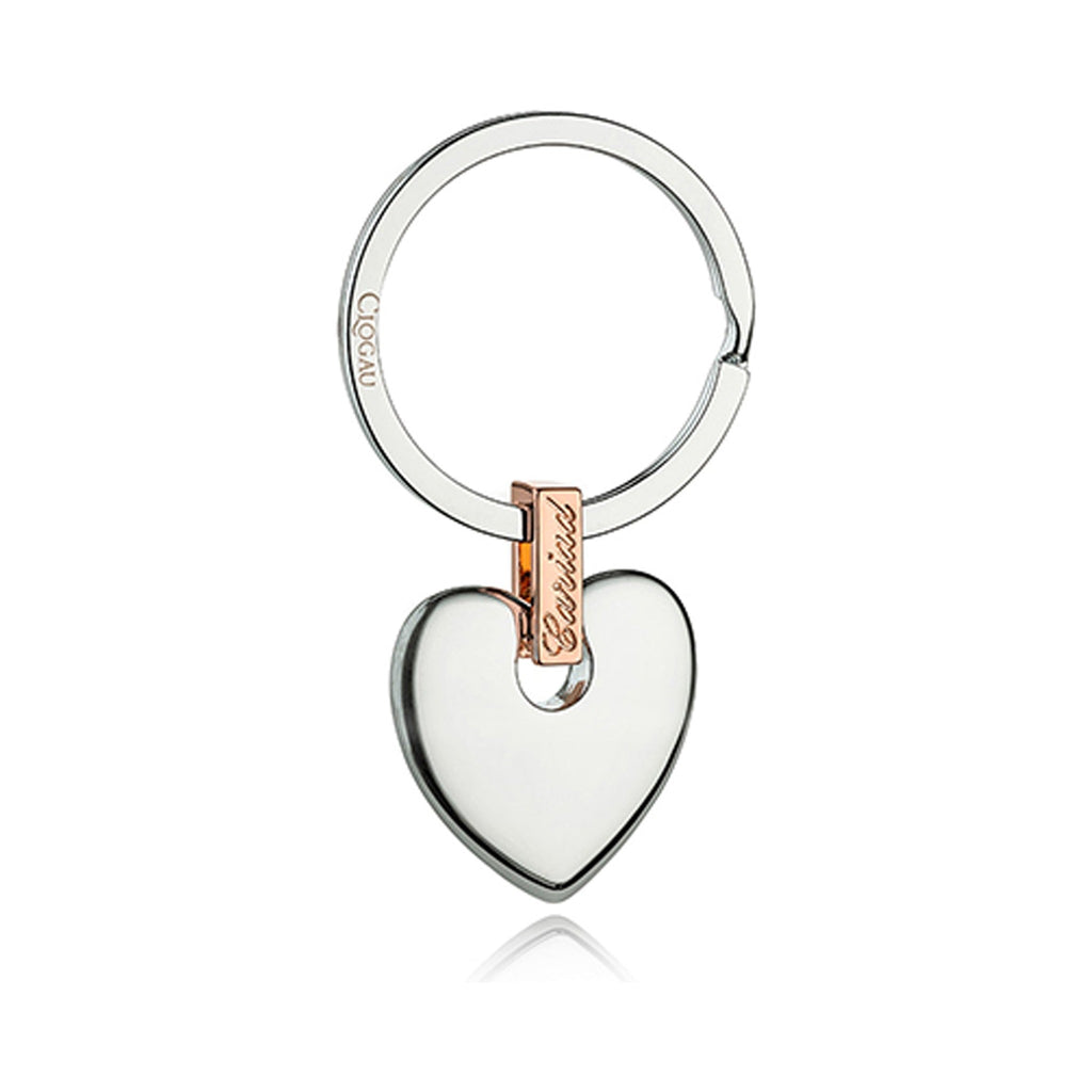 Clogau Cariad Heart Key Ring, a delicate design featuring a heart symbol crafted from silver and rose gold.