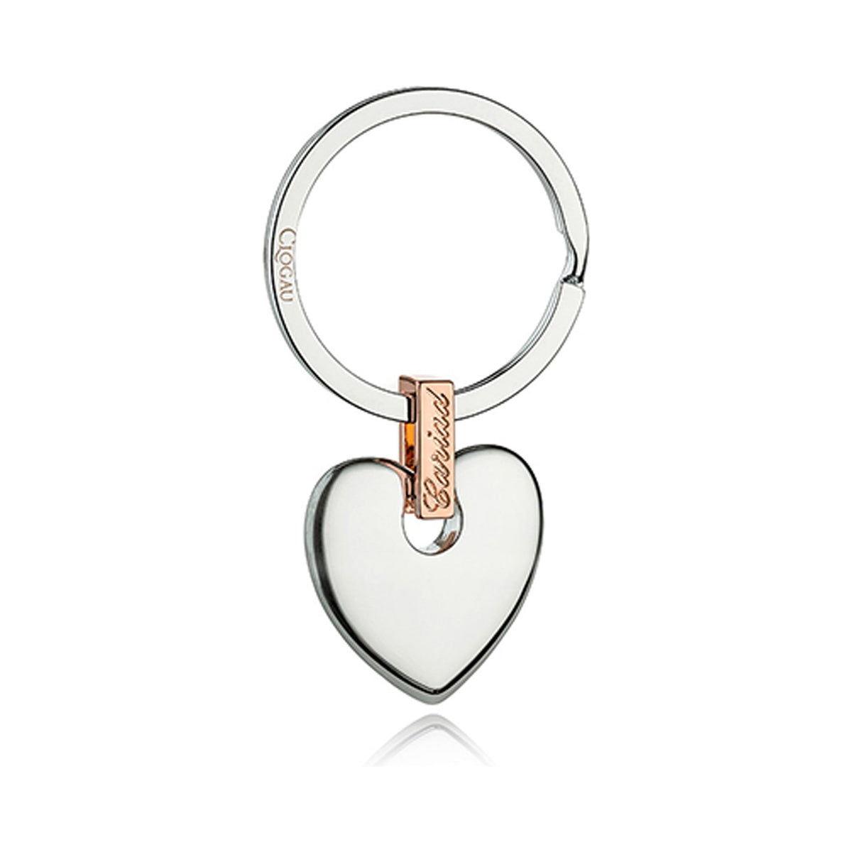 Clogau Cariad Heart Key Ring, a delicate design featuring a heart symbol crafted from silver and rose gold.