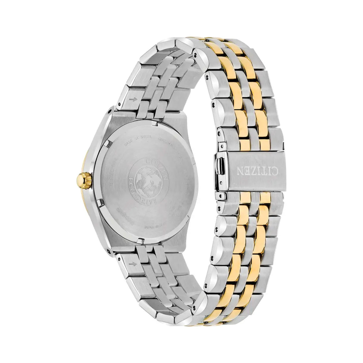Back view of Citizen Corso Eco-Drive watch showcasing stainless steel and gold-tone bracelet and Eco-Drive technology.