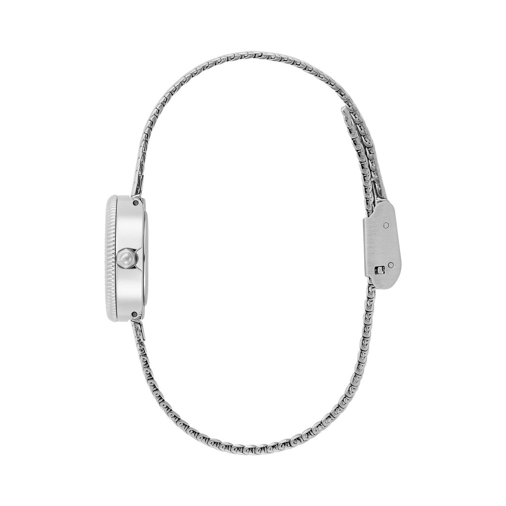 Side view of a silver wristwatch.
