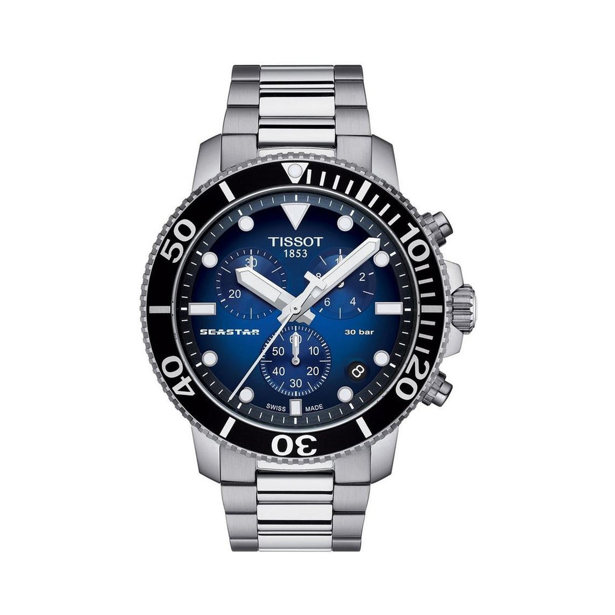 Close-up of the Tissot Seastar 1000 watch, a precise diver-style timepiece. Displays the blue dial, stainless steel band,