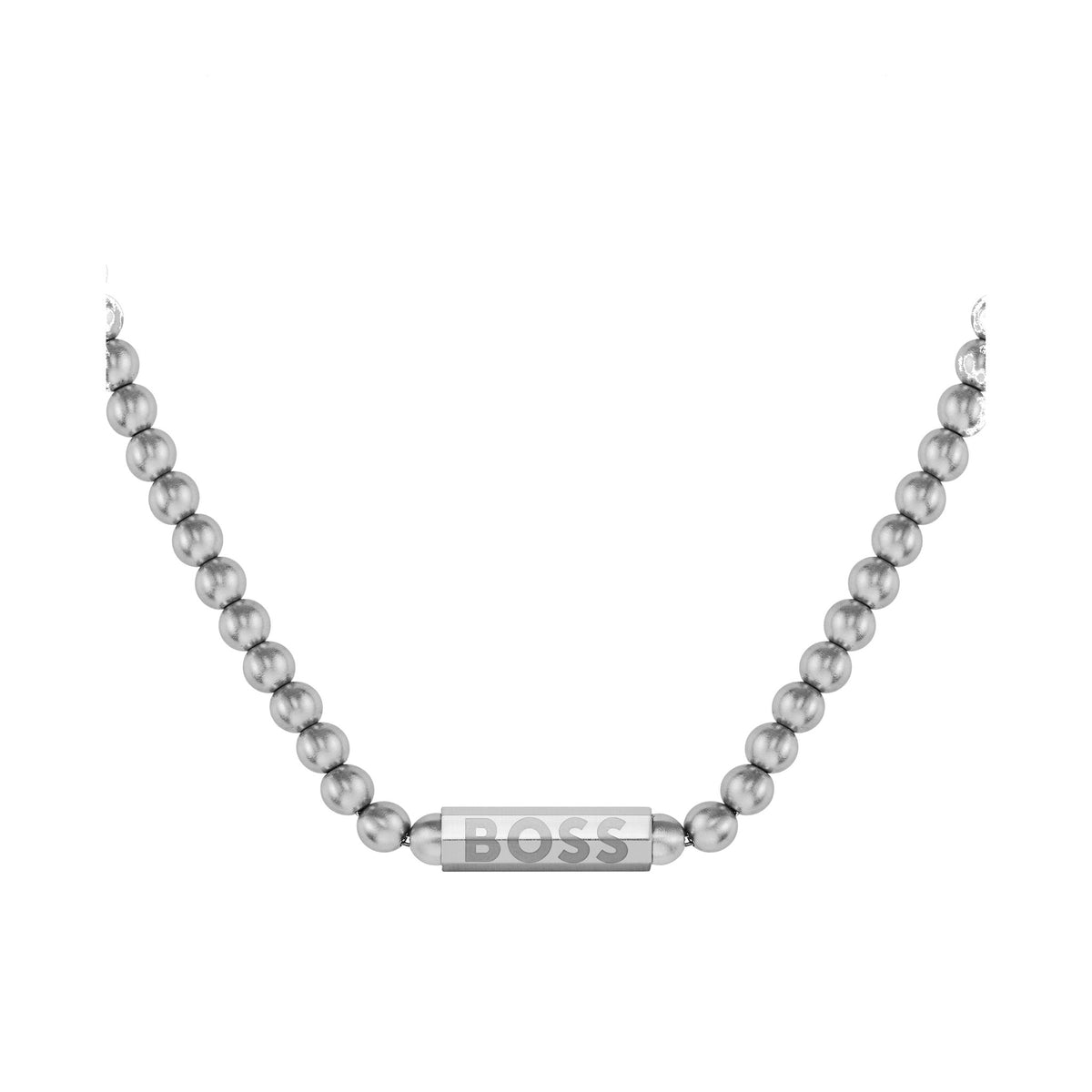 BOSS men's stainless steel bead necklace featuring a BOSS logo-engraved bar pendant, showcasing elegant jewelry.