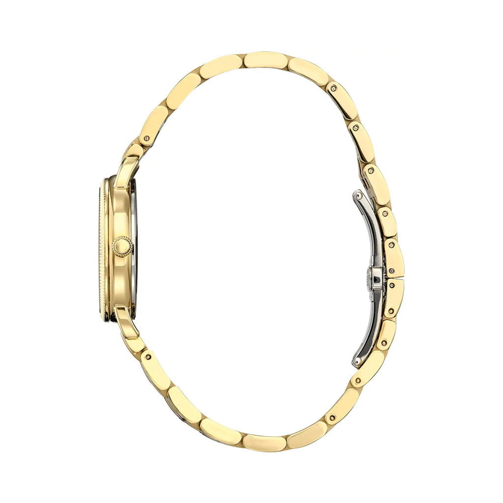 Side profile of the gold Citizen Eco Drive watch highlighting the Roman numeral dial and bracelet design.