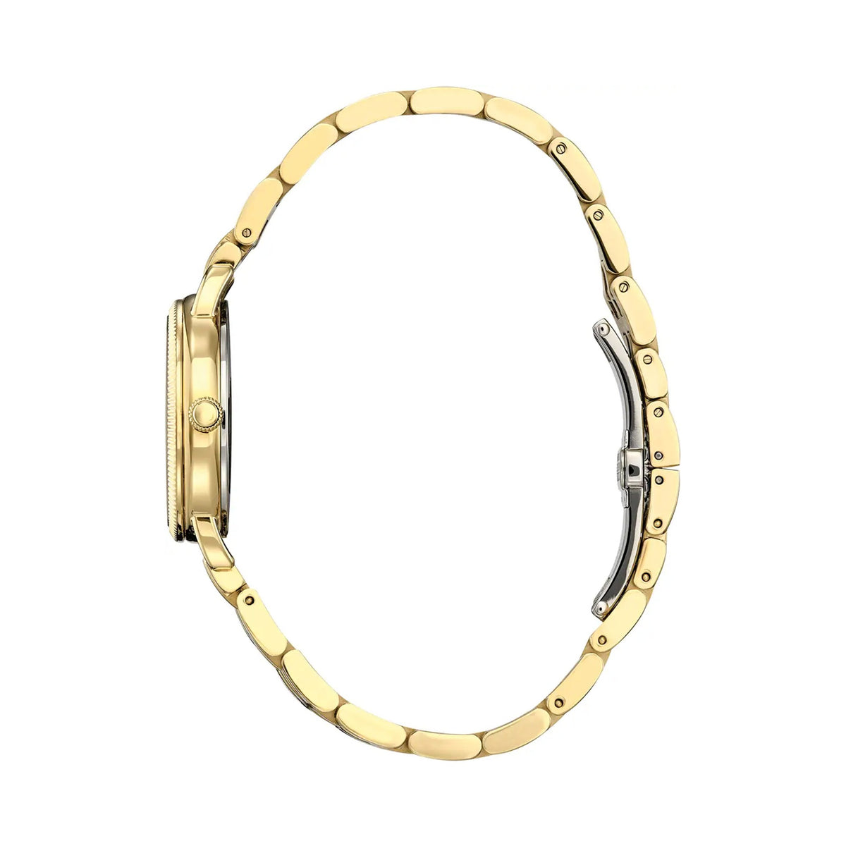 Side profile of the gold Citizen Eco Drive watch highlighting the Roman numeral dial and bracelet design.