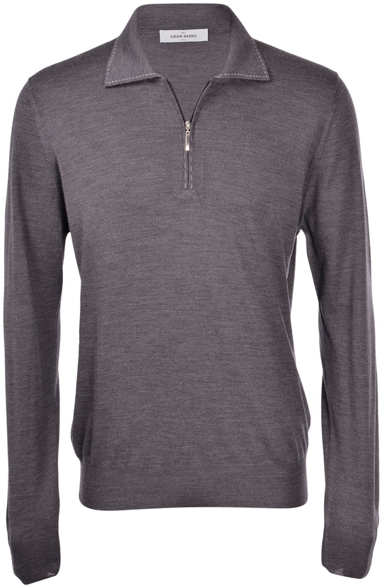 Men's Gran Sasso Grey Long Sleeve Zip Up Knitted Polo Shirt