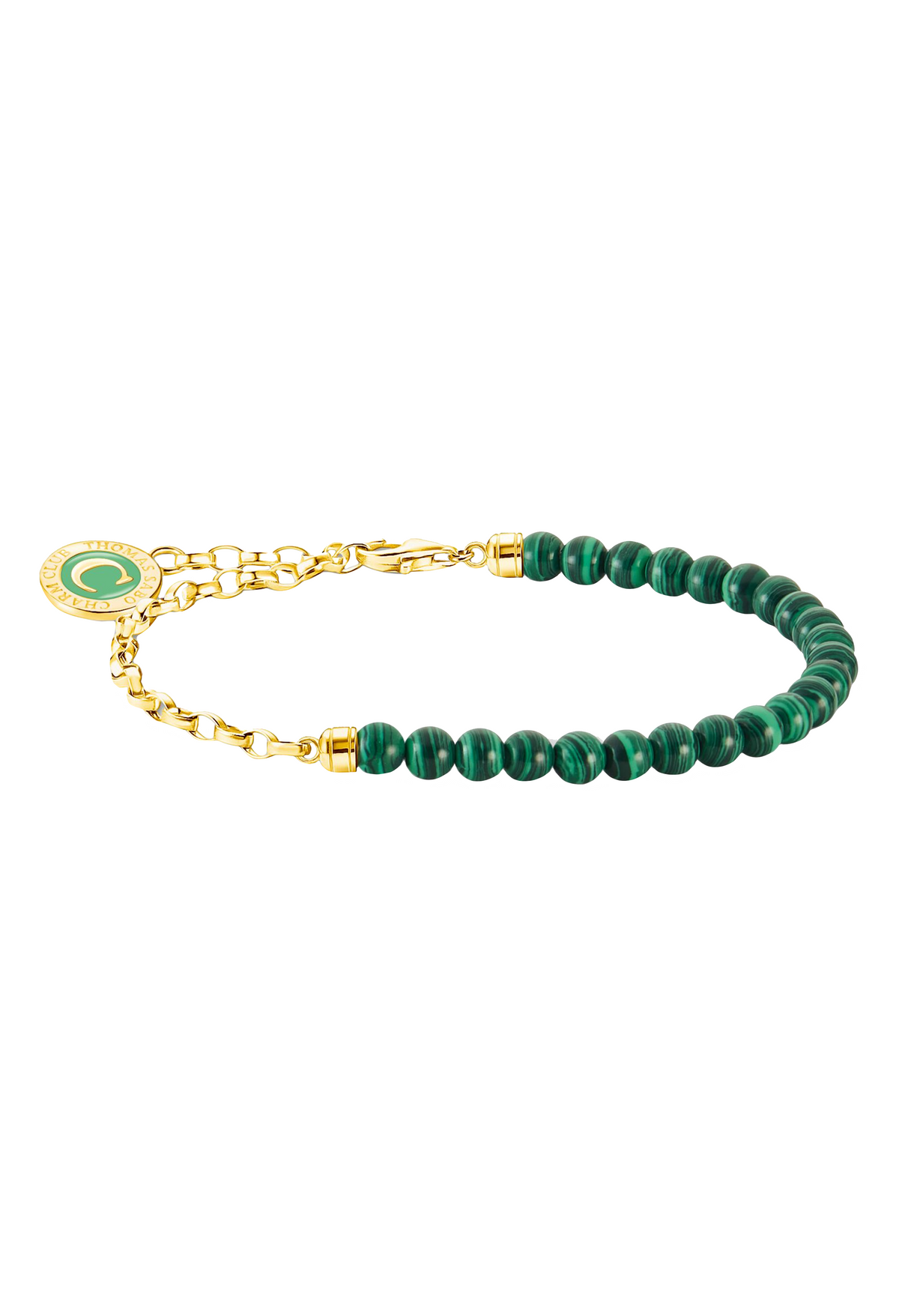 Thomas Sabo charm bracelet with malachite beads & gold chain, showcasing its detail & design.