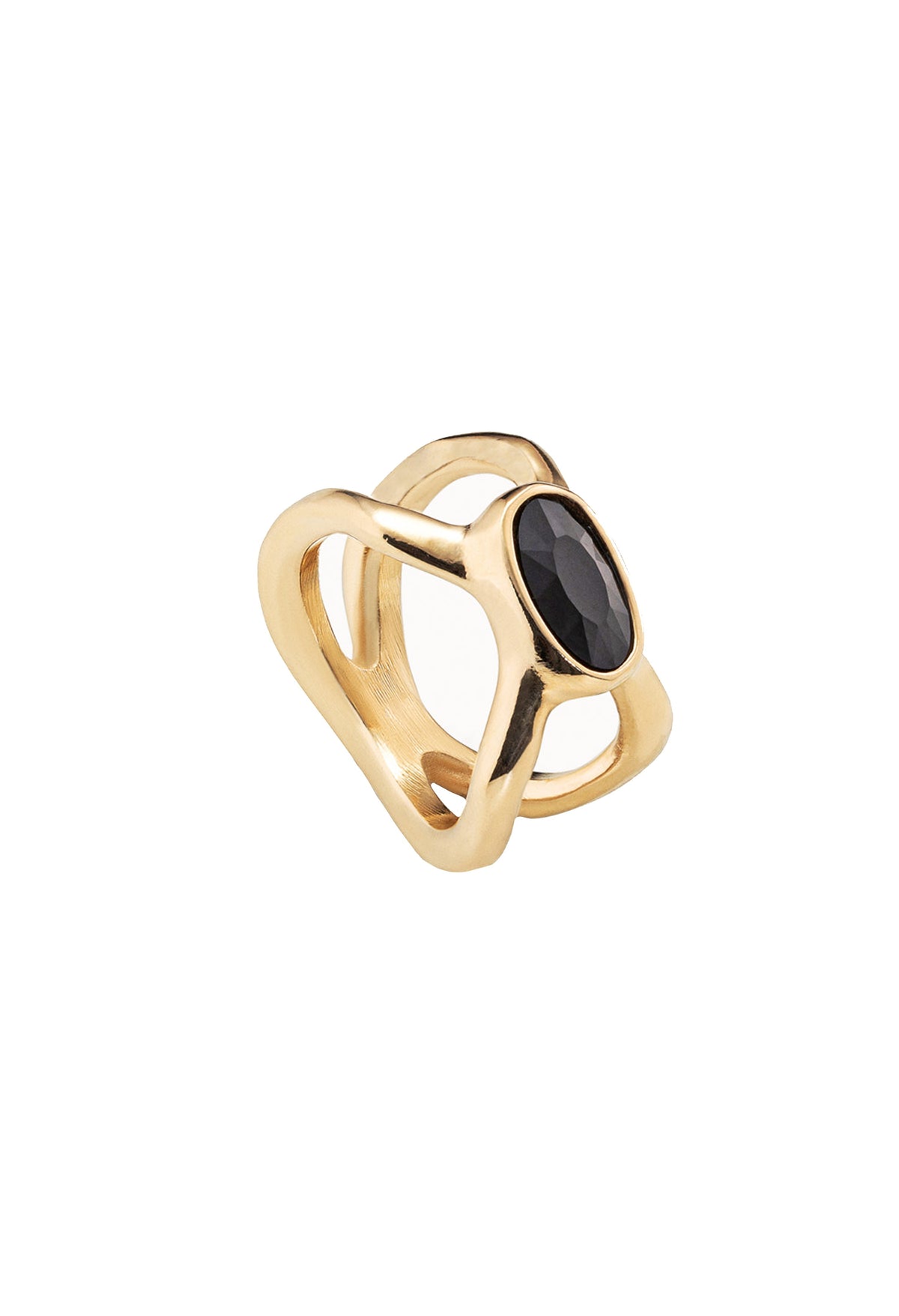 Gold UNOde50 Guardian ring with oval black gemstone detail, a stylish and modern jewelry accessory.